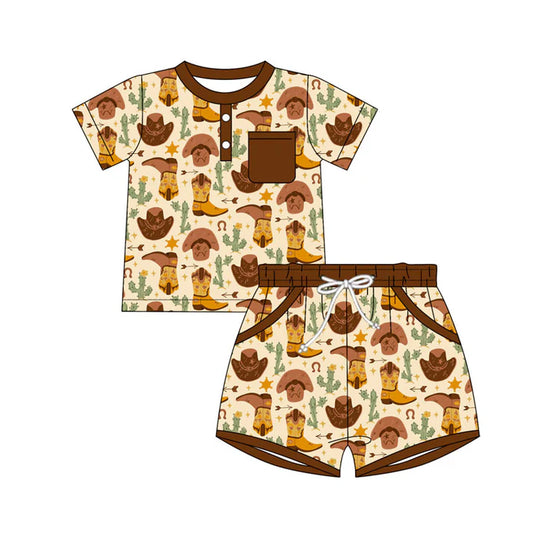 Preorder(moq 5) Baby Boys Cactus Boots Button Top Pocket Shorts Western Clothes Sets 10.31
