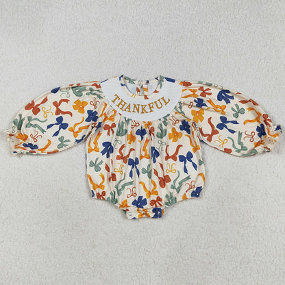 Baby Girls Rompers Smocked Thankful Colorful Bows Ruffle Rompers LR2257 7.19