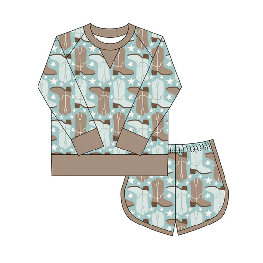 Preorder(moq 8)Baby Girls Blue Boots Stars Plaid Long Sleeve Top Shorts Western Clothes Set 9.27