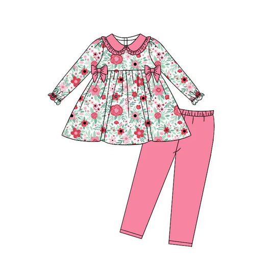Preorder (moq 8)Baby Girls Pink Flowers Bows Tunic Leggings Pant Clothes Sets 9.12