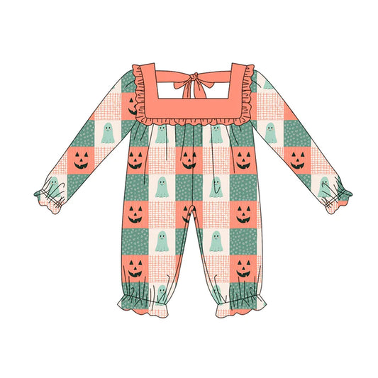 Preorder (moq 5)Baby Girls Long Ruffle Sleeves Orange Green Ghosts Pumpkins Plaid Rompers 5.17