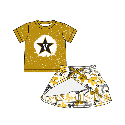 Preorder (moq 5)Baby Girls Yellow Short Sleeves V Stars Top Bows Plaid Skorts Team Set 6.14
