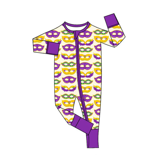 Preorder (moq 5)Baby Boys Mardigras Masks Plaid Two Way Zipper Convertible Rompers 11.12