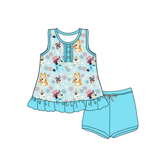 Preorder (moq 5)Baby Girls Blue Sleeveless Button Cartoon Dogs Flowers Tunic Short 4th Of July Set 4.25