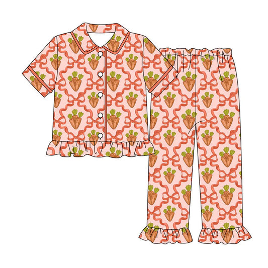 Preorder (moq 8)Baby Girls Bows Carrots Checked Button Top Ruffle Pants Easter Pajamas Sets 9.15