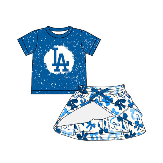 Preorder (moq 5)Baby Girls Hot Blue Short Sleeves LA Top Bows Plaid Skorts Team Set 6.14