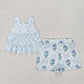 Baby Girls Clothes Blue Checkered Straps Top Flowers Shorts Sets GSSO2078