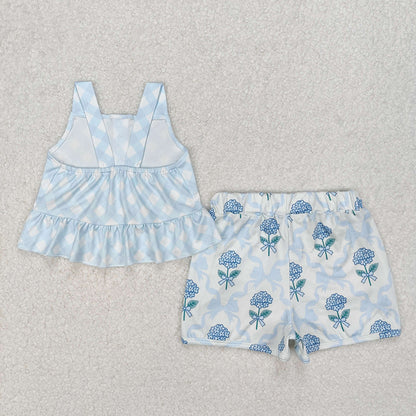 Baby Girls Clothes Blue Checkered Straps Top Flowers Shorts Sets GSSO2078