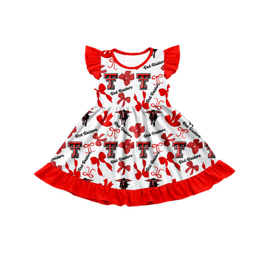Preorder (moq 5) flutter sleeves red T bows girls team dress 8.27