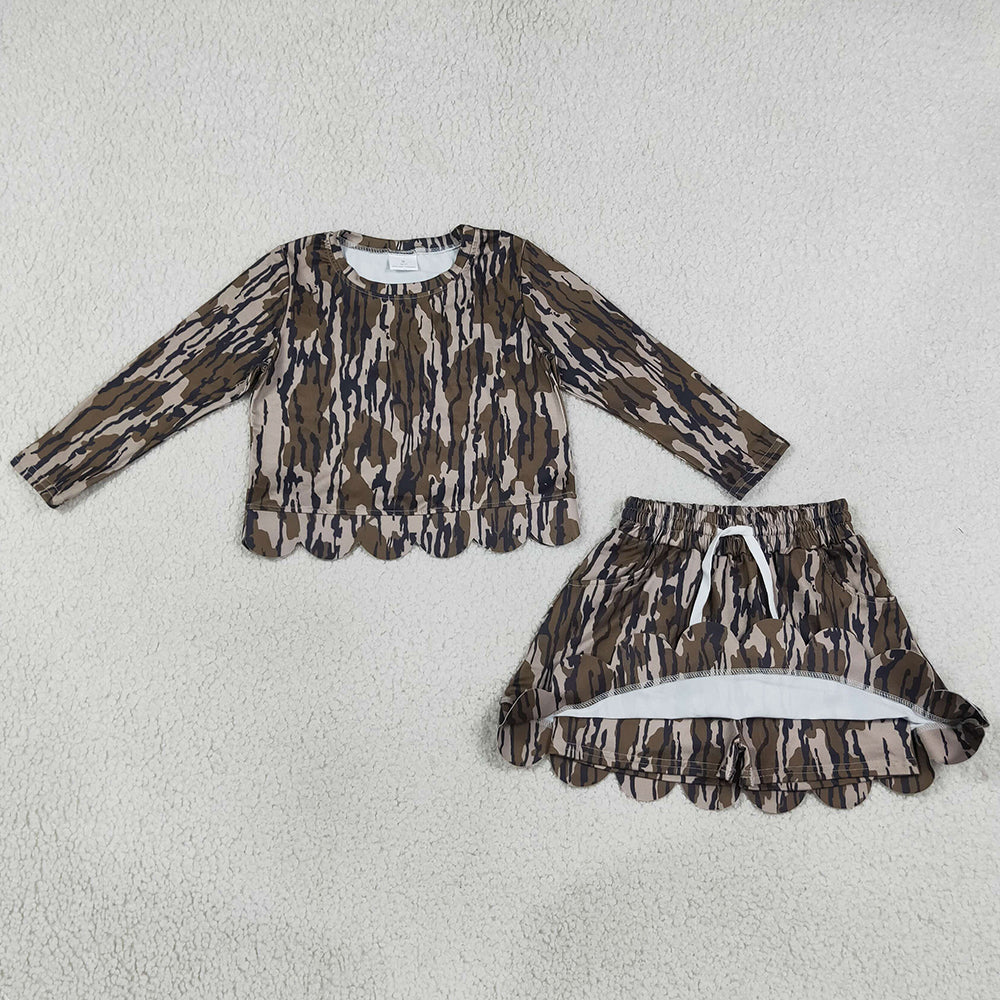 Baby Girls Clothes Long Sleeve Southern Wood Camo Top Skirt Shorts Scallop Clothes Set GLD1615