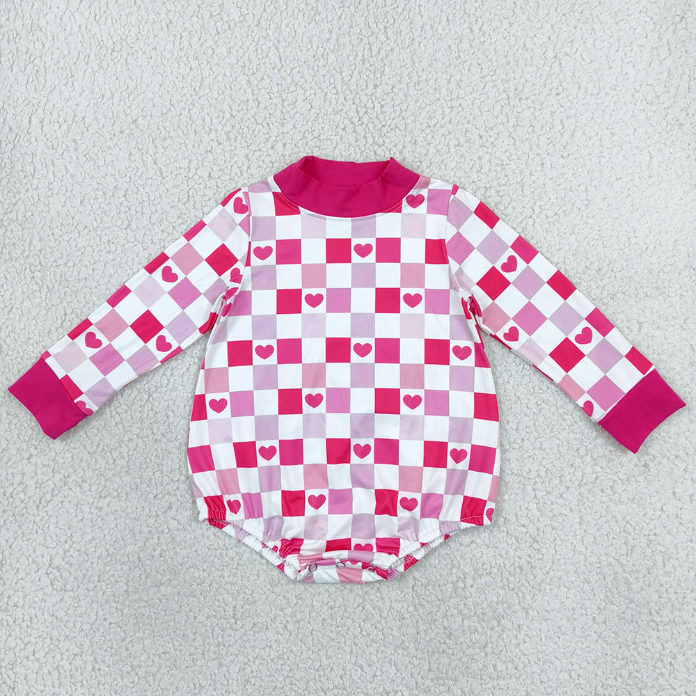 Baby Girls Rompers Long Sleeve Pink Checked Hearts Valentines Choker Rompers LR3337