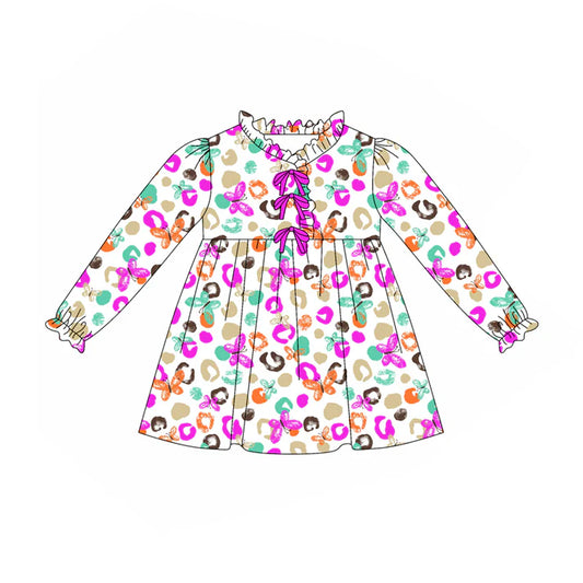 Preorder (moq 5)Baby Girls Purple Leopard Butterfly Knee Length Dresses 8.7