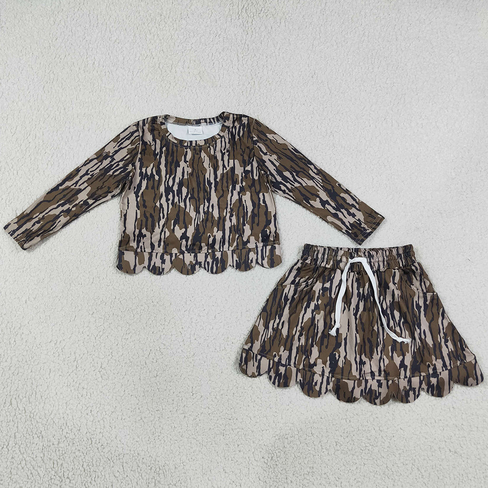 Baby Girls Clothes Long Sleeve Southern Wood Camo Top Skirt Shorts Scallop Clothes Set GLD1615