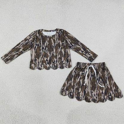 Baby Girls Clothes Long Sleeve Southern Wood Camo Top Skirt Shorts Scallop Clothes Set GLD1615