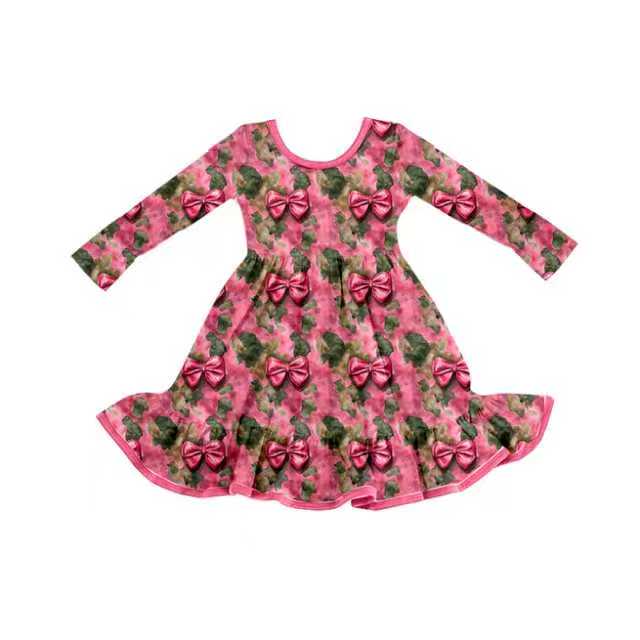 Preorder (moq 8)Baby Girls Green Pink Camo Bows Ruffle Western Knee Length Dresses 9.24