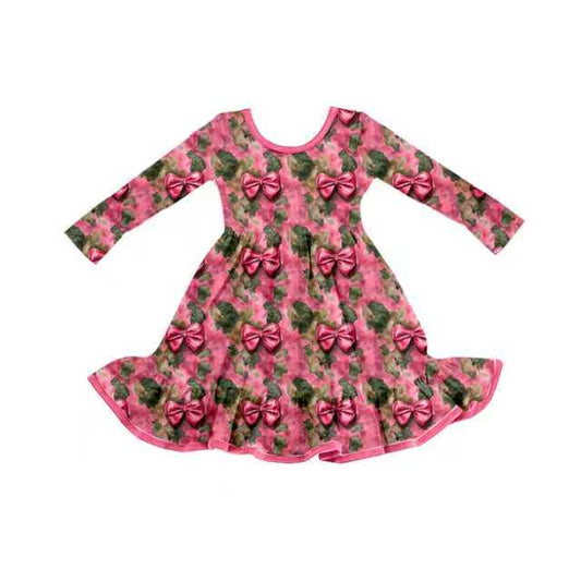Preorder (moq 8)Baby Girls Green Pink Camo Bows Ruffle Western Knee Length Dresses 9.24