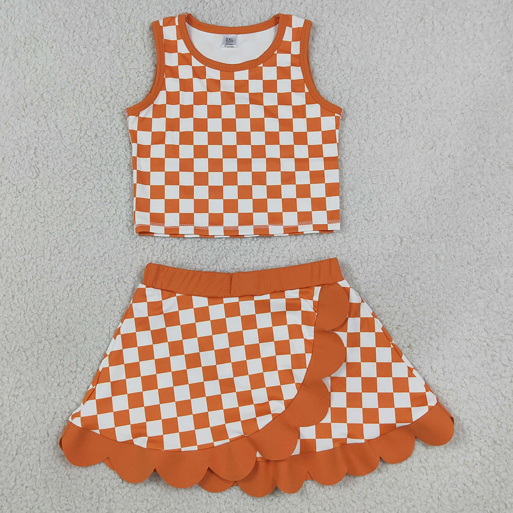 Baby Girls Clothes Orange Checked Vest Scallop Skirt Short Yoga Active Clothes Set GSD4252