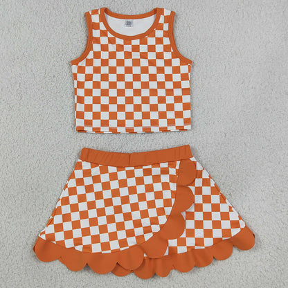 Baby Girls Clothes Orange Checked Vest Scallop Skirt Short Yoga Active Clothes Set GSD4252
