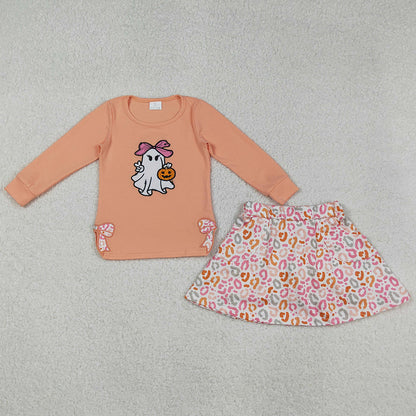 Baby Girls Clothes Halloween Bows Ghost Pumpkins Embroidery Top Leopard Skorts Sets GLD1174 9.1