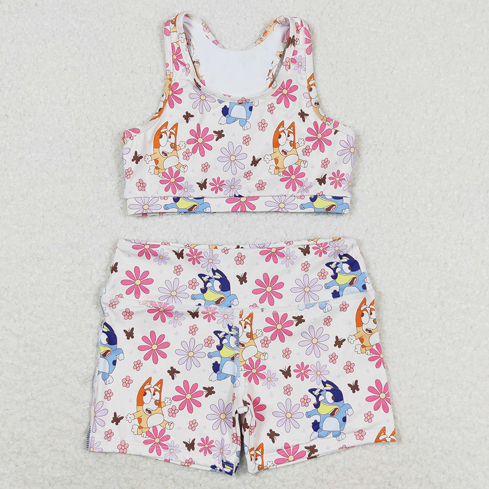 Baby Girls Clothes Blue Dog Flowers Crop Tops Shorts Clothes Sets GSSO0900