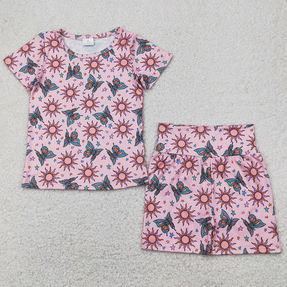 Baby Girls Clothes Pink Short Sleeves Butterfly Suns Stars Top Shorts Pajamas Sets GSSO2437