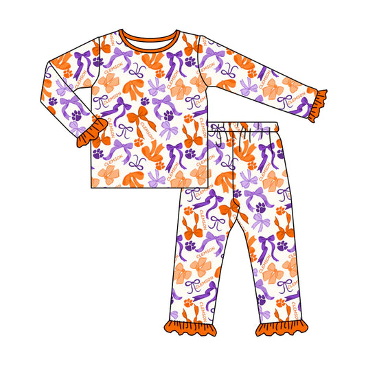 Preorder MOQ 5 Long sleeves orange purple bow kids girls team pajamas 8.21