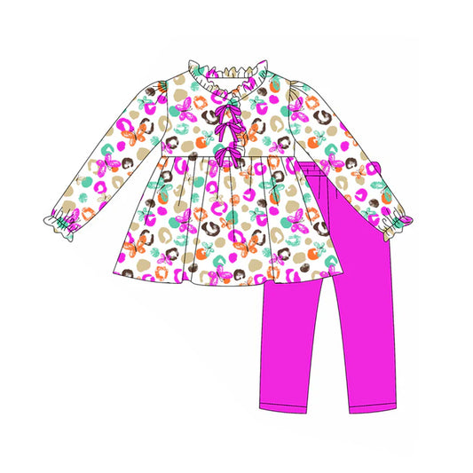 Preorder(moq 5) Baby Girls Purple Leopard Butterfly Tunic Top Legging Boutique Outfits Sets 8.7