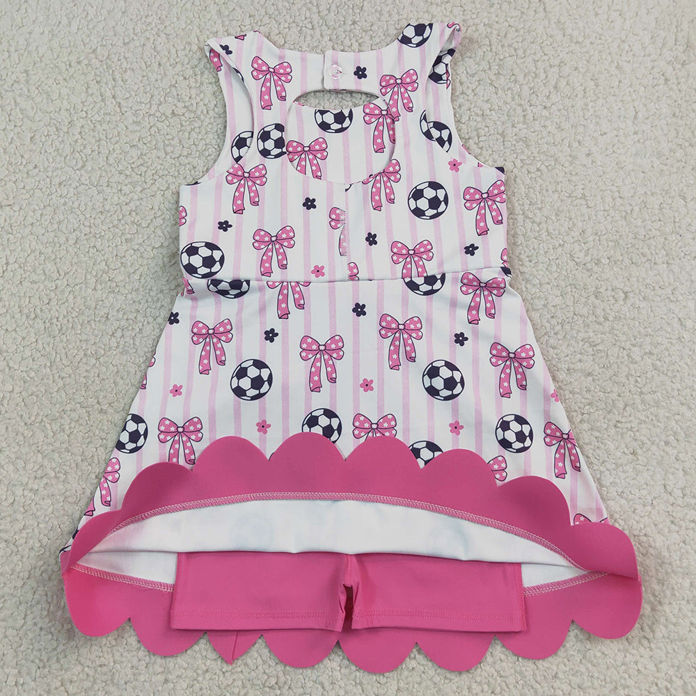 Baby Girls Dress Footballs Bows Team Yoga Active Short Scallop Knee Length Dress GSD4100