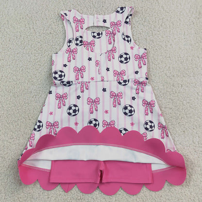 Baby Girls Dress Footballs Bows Team Yoga Active Short Scallop Knee Length Dress GSD4100