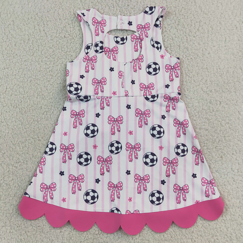 Baby Girls Dress Footballs Bows Team Yoga Active Short Scallop Knee Length Dress GSD4100