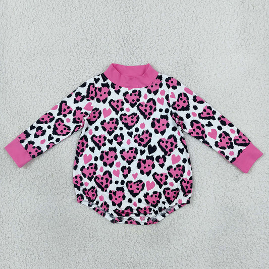 Baby Girls Long Sleeve Pink Black Leopard Hearts Valentines Mock Neck Rompers LR3332