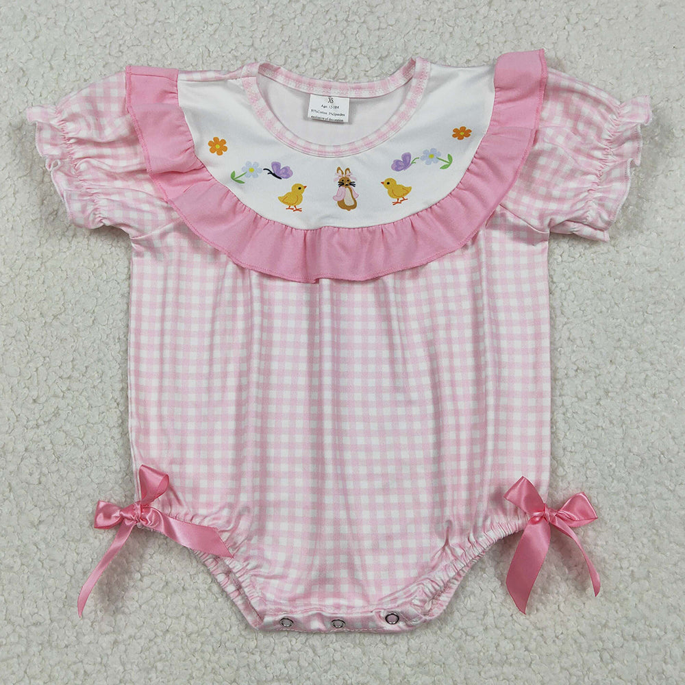 Baby Girls Bubbles Pink Checked Rabbits Chicks Easter Ruffle Rompers SR3565 12.20