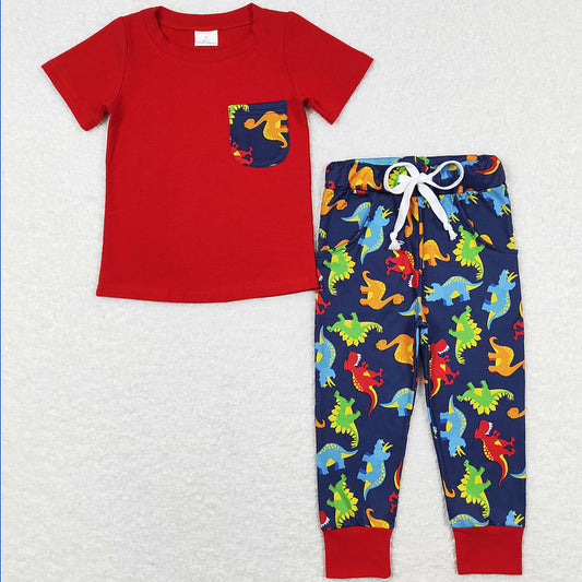 Baby Boys Clothes Red Short Sleeve Tee Shirts Dinosaur Pants Sets BSPO0173