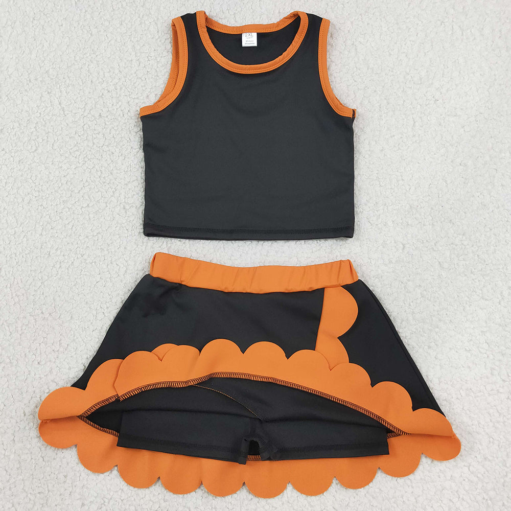 Baby Girls Clothes Orange Black Vest Scallop Skirt Short Yoga Active Clothes Set GSD4259