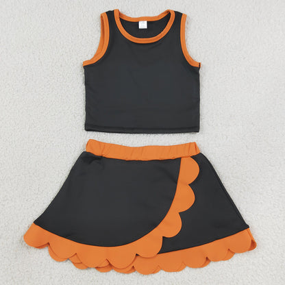 Baby Girls Clothes Orange Black Vest Scallop Skirt Short Yoga Active Clothes Set GSD4259