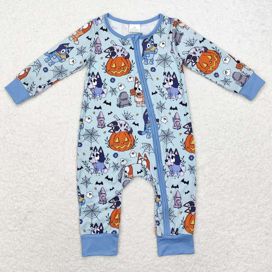 Baby Infant Kids Rompers Halloween Blue Dogs Spider Zip Long Sleeve Rompers LR1482