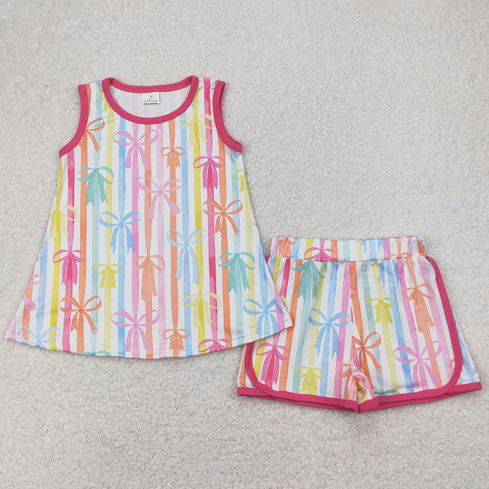 Baby Girls Clothes Colorful Stripe Bows Tunic Tops Shorts Sets GSSO2465