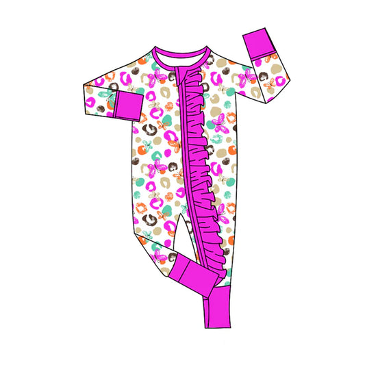 Preorder(moq 5)Baby Girls Purple Leopard Butterfly Zipper Footie Rompers 8.7