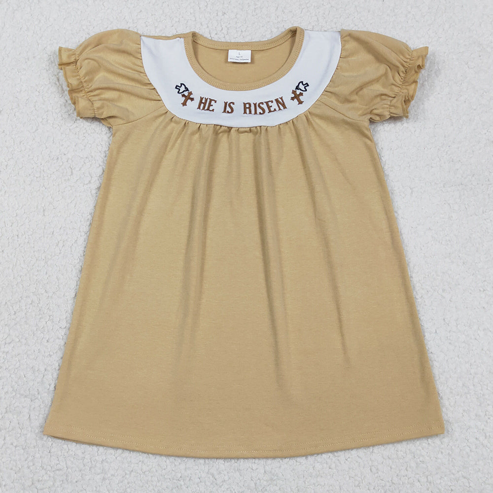Baby Girls Embroidery Crosses He is Risen Khaki Easter Knee Length Dresses GSD3123 12.31