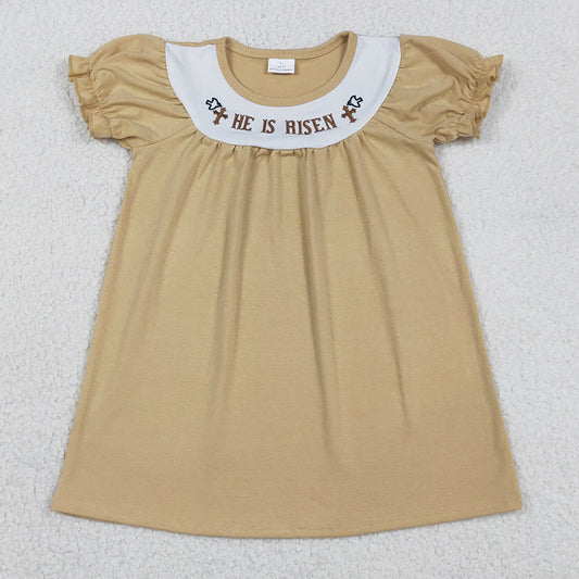 Baby Girls Embroidery Crosses He is Risen Khaki Easter Knee Length Dresses GSD3123 12.31