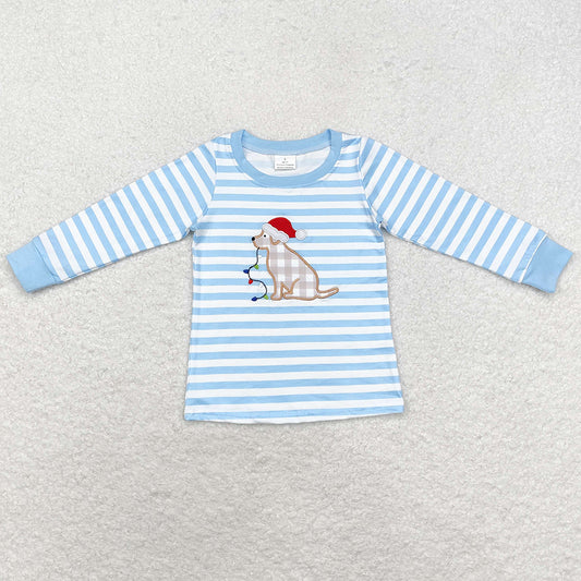 Baby Boys Clothes Tops Christmas Blue Stripes Dog Tee Shirts Tops BT0791 GT0659