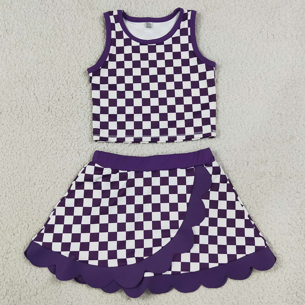 Baby Girls Clothes Purple Checked Vest Scallop Skirt Short Yoga Active Clothes Set GSD4251