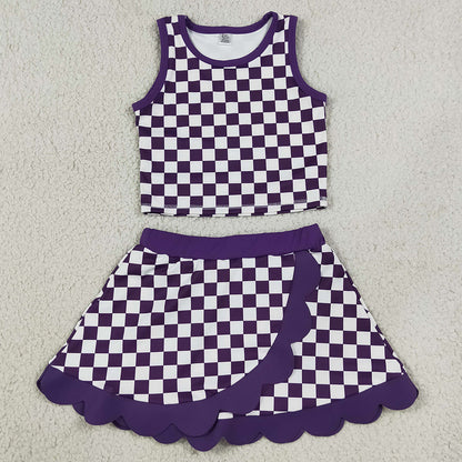 Baby Girls Clothes Purple Checked Vest Scallop Skirt Short Yoga Active Clothes Set GSD4251