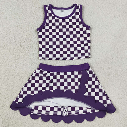Baby Girls Clothes Purple Checked Vest Scallop Skirt Short Yoga Active Clothes Set GSD4251