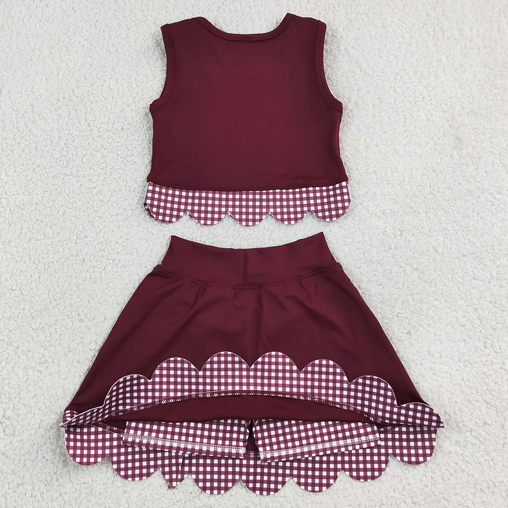 Baby Girls Clothes Maroon Vests Bows Skirt Short Yoga Active Scallop Clothes Set GSD4266