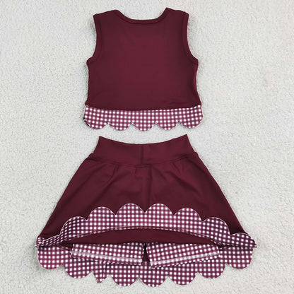 Baby Girls Clothes Maroon Vests Bows Skirt Short Yoga Active Scallop Clothes Set GSD4266