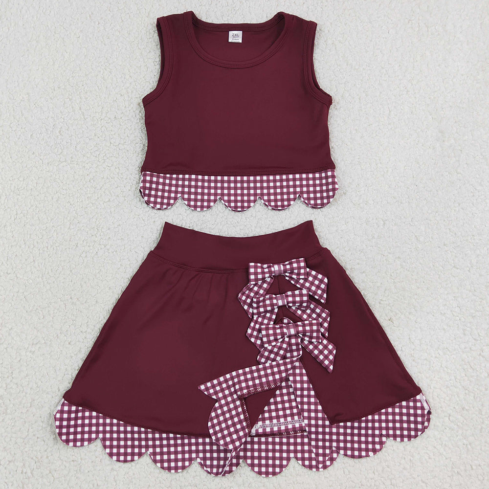 Baby Girls Clothes Maroon Vests Bows Skirt Short Yoga Active Scallop Clothes Set GSD4266