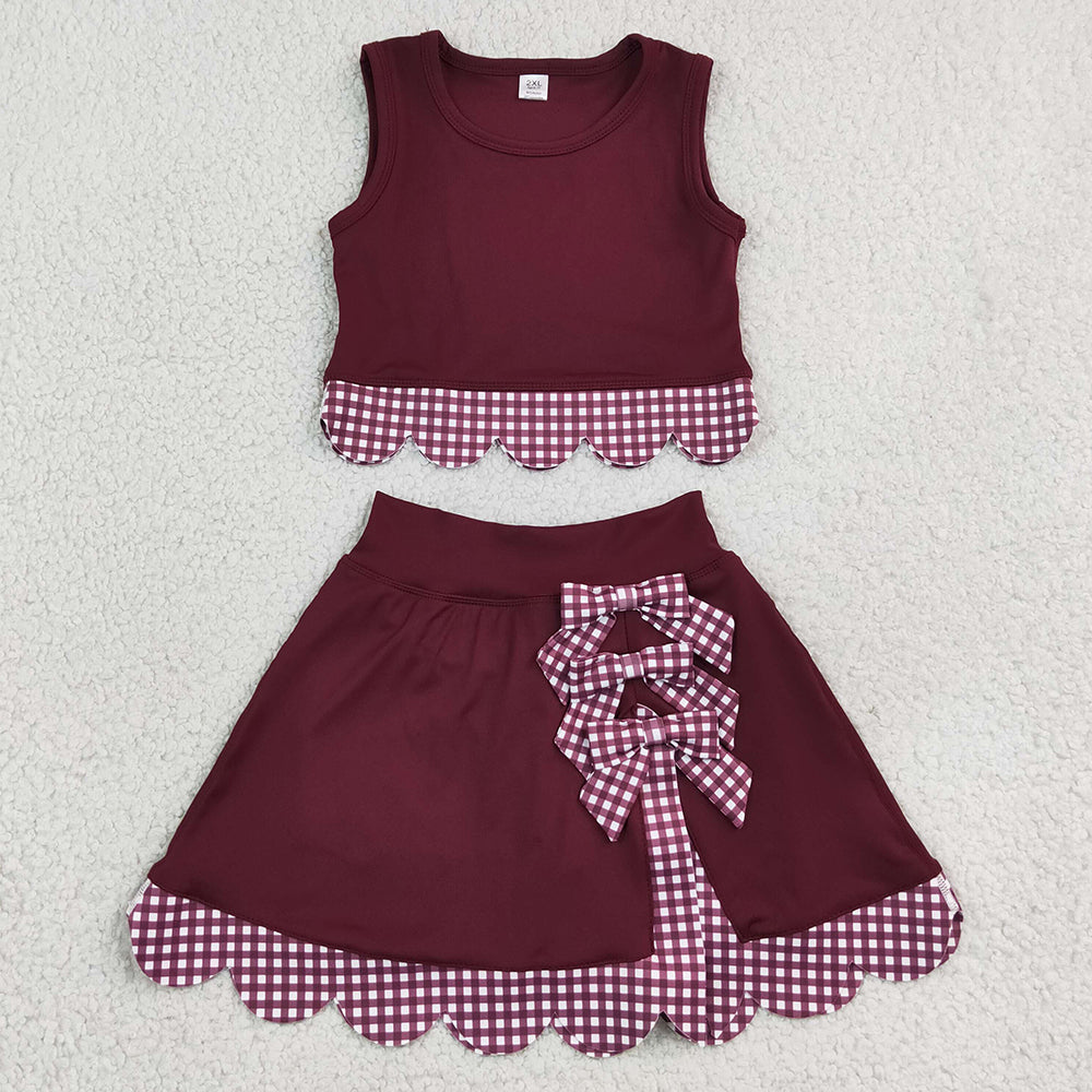 Baby Girls Clothes Maroon Vests Bows Skirt Short Yoga Active Scallop Clothes Set GSD4266