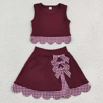 Baby Girls Clothes Maroon Vests Bows Skirt Short Yoga Active Scallop Clothes Set GSD4266
