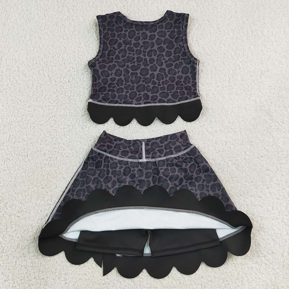 Baby Girls Clothes Black Leopard Vest Bows Skirt Short Yoga Active Scallop Clothes Set GSD4268